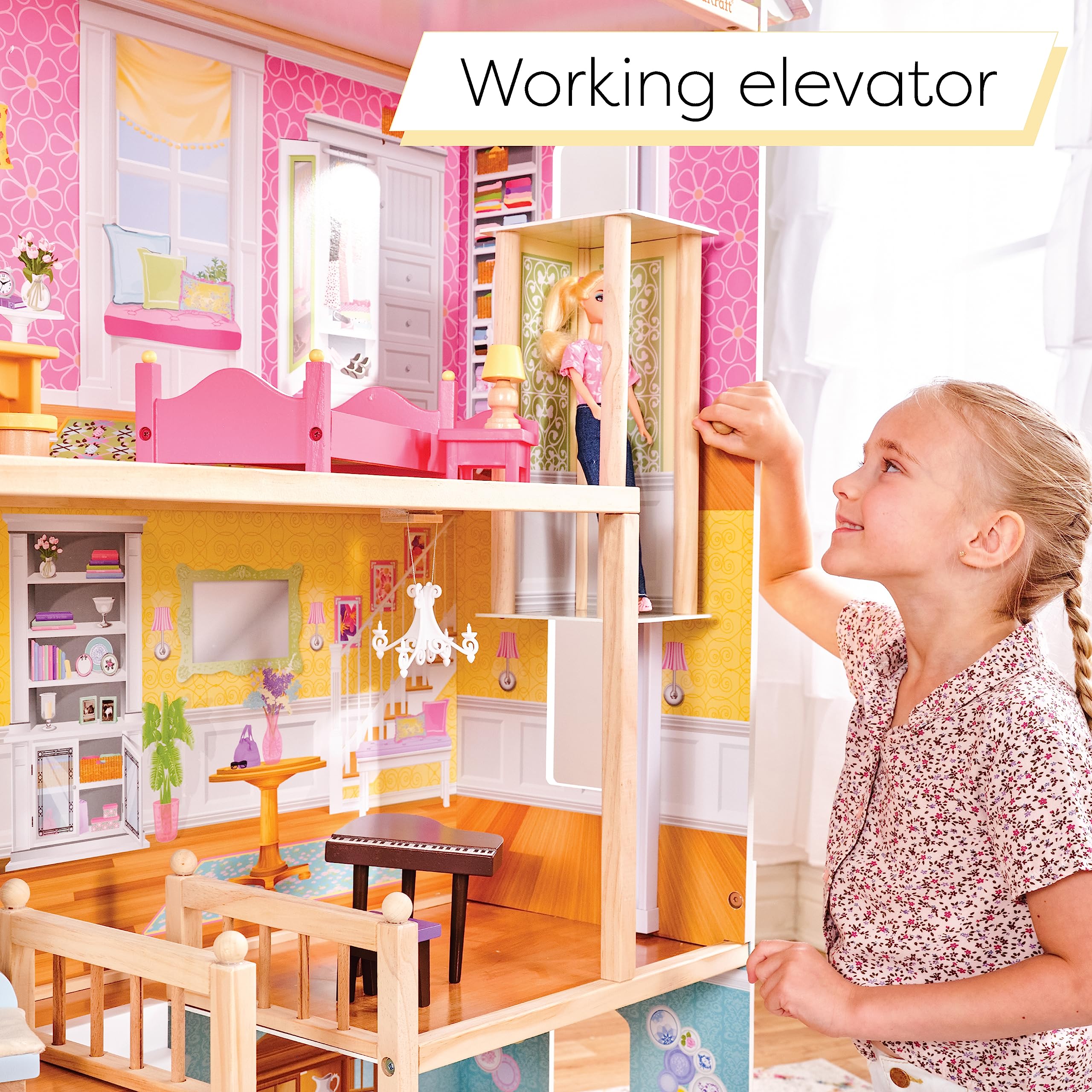 KidKraft Majestic Mansion Wooden Dollhouse with 34-Piece Accessories, Working Elevator and Garage, Gift for Ages 3+