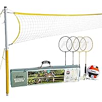 Volleyball + Badminton Combo Sets - Backyard + Beach Outdoor Volleyball + Badminton Net Set - Portable Badminton + Volleyball Net with Poles - Volleyball, Rackets + Birdies Included
