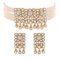 I Jewels Traditional Gold Plated Kundan & Pearl Choker Necklace Set for Women (ML236W)