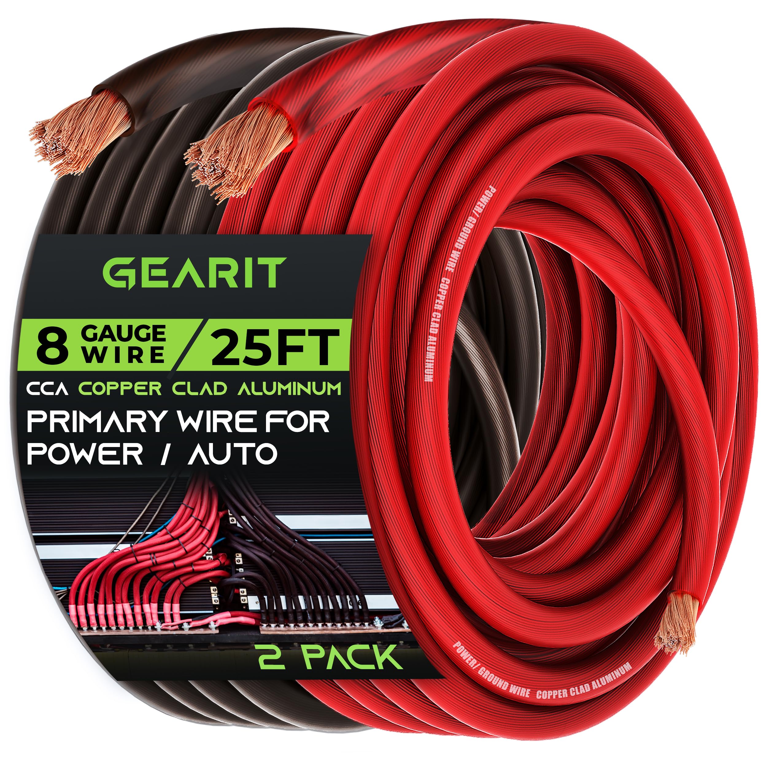 GearIT 8 Gauge Wire (25ft Each- BlackRed Translucent) Copper Clad Aluminum CCA - Primary Automotive Wire Powerground, Battery Cable, Car Audio
