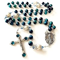 HANDMADE Peacock blue Tiger Eye Prayer Beads & (AAA) 10mm real Pearl sterling silver beads caps Catholic Rosary Necklace Gift Box Italy Crucifix