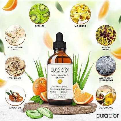 PURA D'OR 20% Vitamin C Serum (4oz BEST VALUE) Lightweight Maximum Strength Formula,Hyaluronic Acid,Retinol,Professional Grade Treatment For Face & Eyes,Dark Spots,Acne,Wrinkles,For Men & Women