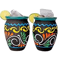 Cantaritos de Barro Mexicanos - Set of 2 Authentic Mexican Glazed Clay Mugs 14 oz - Jarritos de Barro Mexicanos - Clay Cups Tazas de Barro - Vasos de Barro for Drink Tequila (Oaxacan Night Edition)