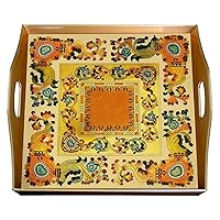 Personalized gift - Traditional Italian Style with Flowers and Old Gold Leaves - Square Hand Painted Glass Tray with Gold Aluminium Frame