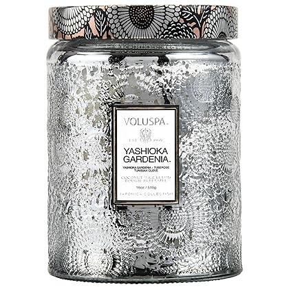 Voluspa Yashioka Gardenia Candle | Large Glass Jar | 18 Oz | 100 Hour Burn Time | All Natural Wicks and Coconut Wax for Clean Burning | Vegan