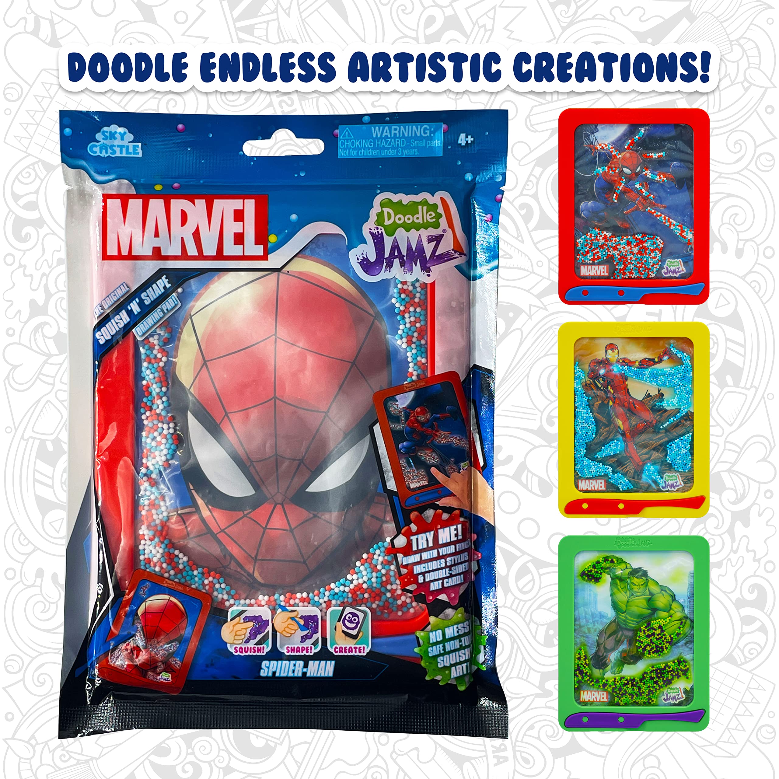 DoodleJamz Marvel JellyPics - Sensory Drawing Pads Filled with Non-Toxic Squishy Beads and Gel – Includes Stylus, Removable 2-Sided Emoji Backer Card (3-Pack Bundle)
