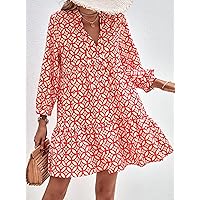 Dresses for Women Dress Women's Dress Floral Print Tie Neck Smock Dress Dress (Color : Red, Size : Small)