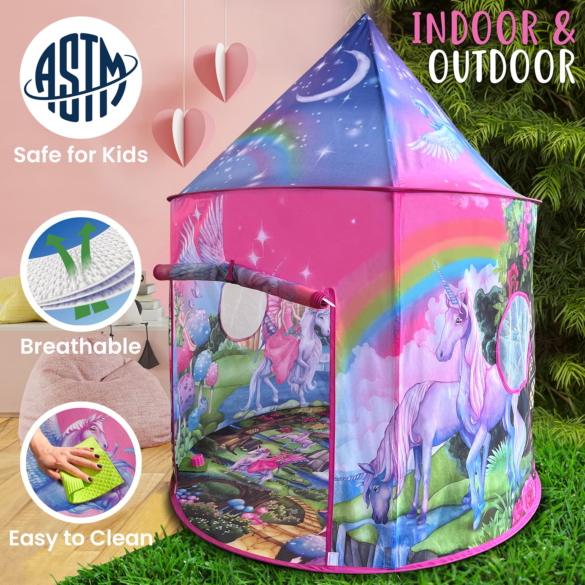 W&O Rainbow Unicorn Tent for Girls with Magical Unicorn Sounds, Unicorn Toys for Girls, Princess Tent for Girls, Unicorns Gifts for Girls, Outdoor & Indoor Tent, Play Tents for Girls