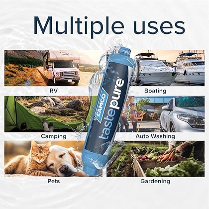 Camco TastePURE XL RV Water Filter / Camper Water Filter - Camping Essentials for Fresh Drinking Water - RV Inline Water Filter with Flexible Hose Protector –GAC & KDF Water Filter Made in USA (40019)