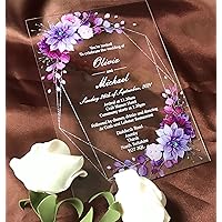 Purple Floral Custom Acrylic Wedding Invitation,Acrylic Menu,Acrylic Invitation,Baptism Invitations,White ink Acrylic Wedding Invites,10pcs
