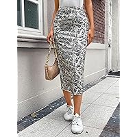 Black and White All Over Print Pencil Skirt for Women (Color : Black and White, Size : X-Small)