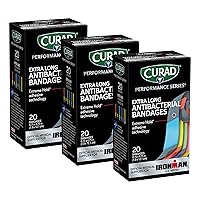 CURAD Performance Series IRONMAN Antibacterial Bandages, Extreme Hold Adhesive Technology, Extra Long Flexible Fabric Bandages for Cuts, Scrapes, & Burns, Assorted Colors, 0.75 x 4.75 inches, 20 Count