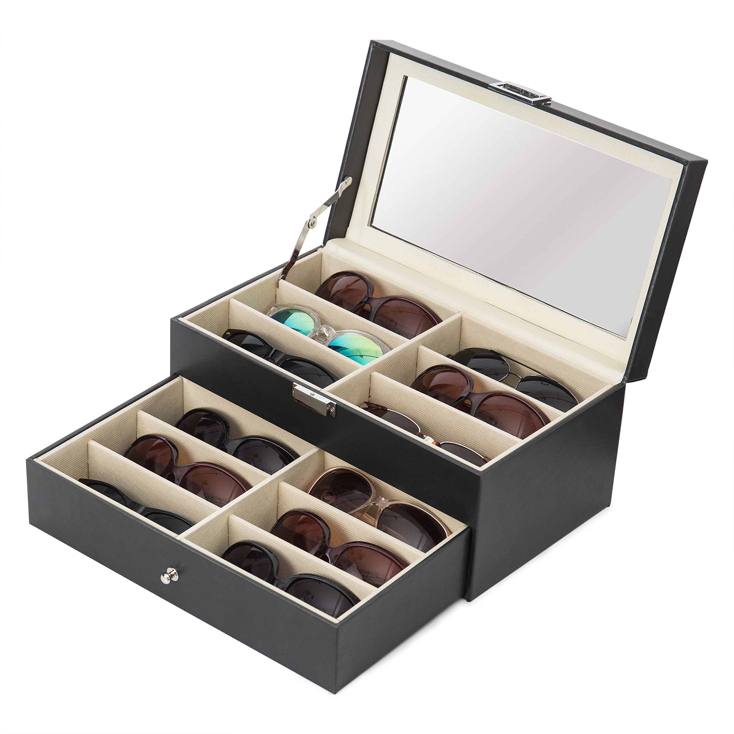 MyGift Deluxe Black Sunglass Storage Case - 12 Slot Eyewear Display Box with Glass Lid and Leatherette Trim