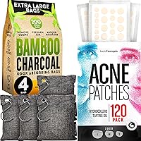 Charcoal Bags Odor Absorber (Large, 4 Pack, 200g each) and Acne Patches (120 Pack) with Tea Tree Oil Bundle