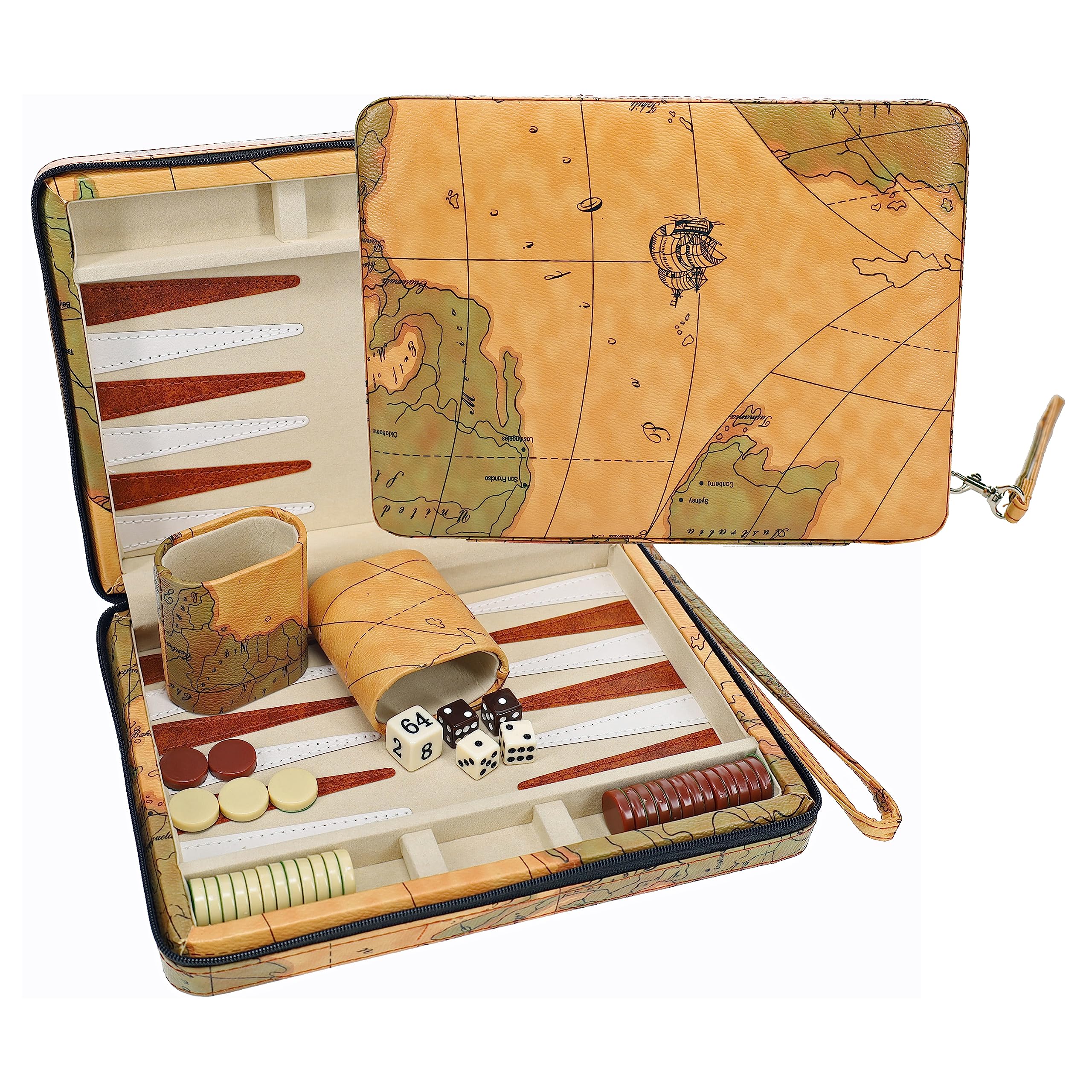 WE Games Backgammon Set, Board Games for Adults - Travel Games - Magnetic with Tan Map Style Leatherette Backgammon Board and Carrying Strap - Travel Backgammon Sets for Adults