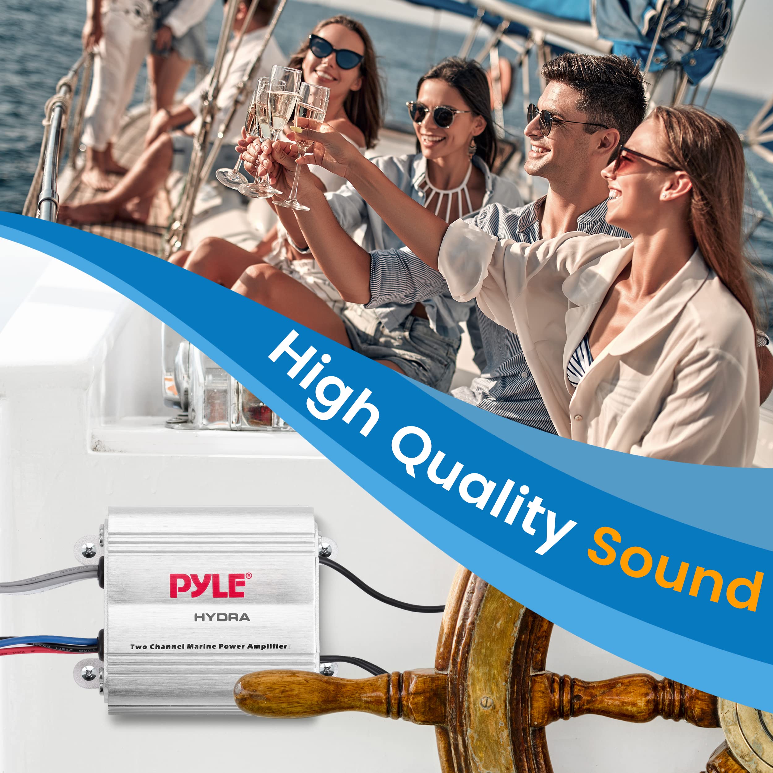 Pyle Hydra Marine Amplifier - Upgraded Elite Series 400 Watt 2 Channel Micro Amplifier - Waterproof, GAIN Level Controls, RCA Stereo Input, 3.5mm Jack & Volume Control (PLMRMP1A)