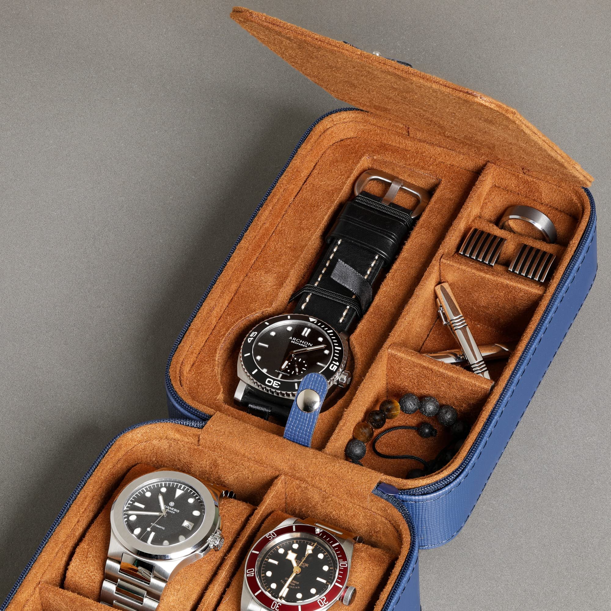 Gift Set 10 Slot Leather Watch Box with Valet Drawer & Matching 5 Watch Travel Case - Luxury Watch Case Display Organizer, Locking Mens Jewelry Watches Holder, Men's Storage Boxes Glass Top Blue/Tan