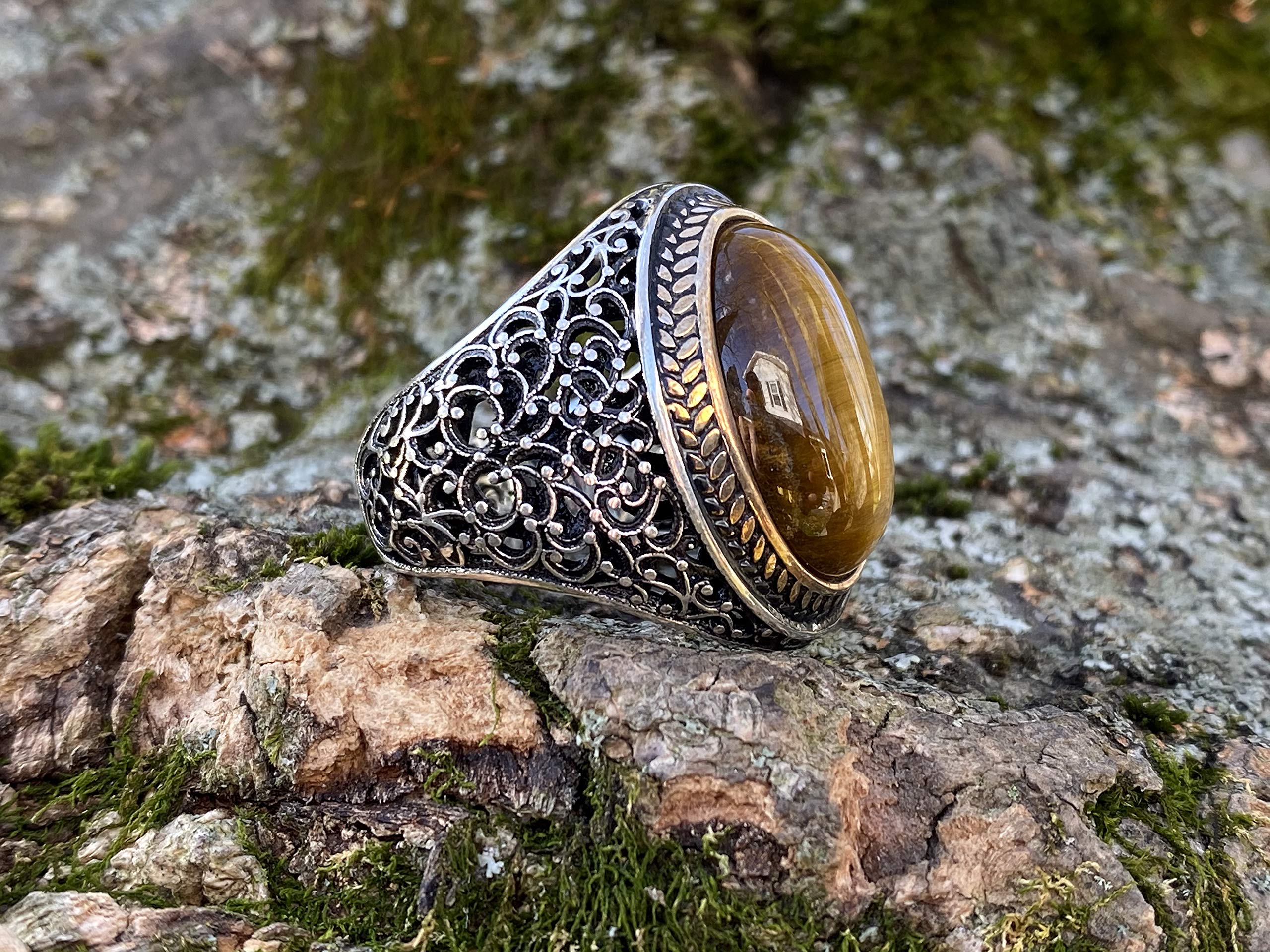 KAR 925K Stamped Sterling Silver Heavy Natural Oval Tiger Eye Men's Ring I1S Gift For Him