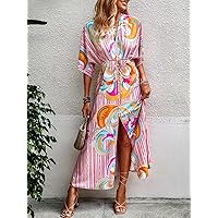 Women's Dress Dresses for Women Graphic & Striped Frill Pearls Split Hem Batwing Sleeve Dress (Color : Multicolor, Size : Small)
