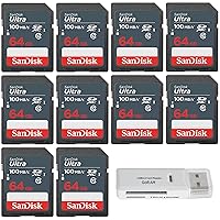 SanDisk 64GB Ultra SDXC UHS-I Class 10 Memory Card 100MB/s U1, Full HD, SD Camera Card (10 Pack) Bundle with (1) GoRAM USB 3.0 Multi Card Reader (64GB)