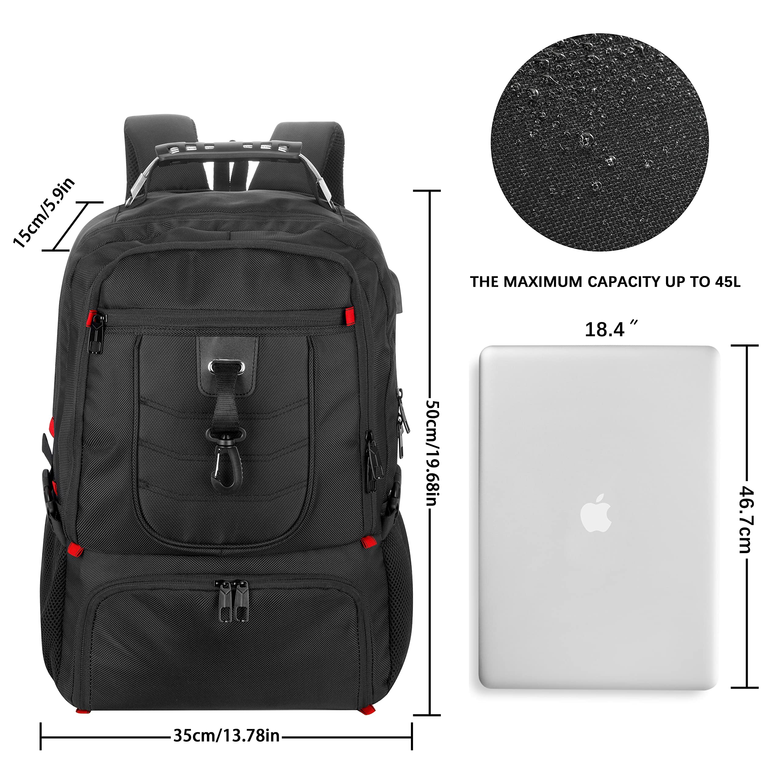 VESERI Travel Business Laptop Backpack for 18.4in PC with Shoe Compartment USB Charging Port,Sport Gym Bag for College Hiking Camping,Waterproof Bookbag School Backpack for Men Women Boys,Black