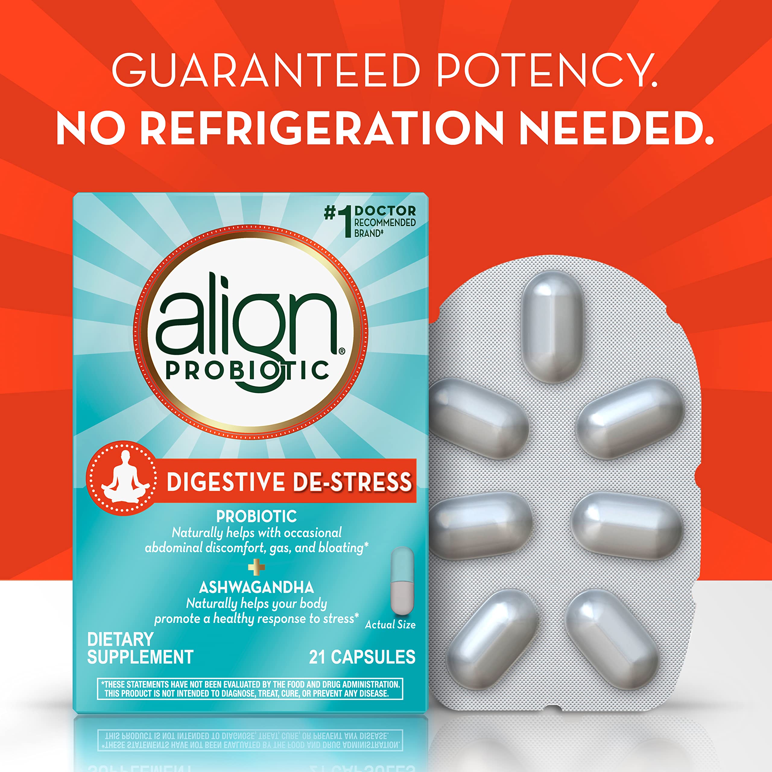 Align Probiotic, Digestive De-Stress, Probiotic for Women and Men with Ashwagandha, Helps with a Healthy Response to Stress, Gluten Free, Soy Free, Vegetarian, 21 Capsules (Pack of 2)