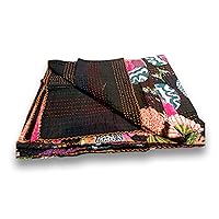 Sophia-Art - Throw/Cover/Blanket/Reversible Quilt, Black, Cotton, Indian Fruit, Kantha, Floral, Print, King 90x108 Inches, Dry Clean