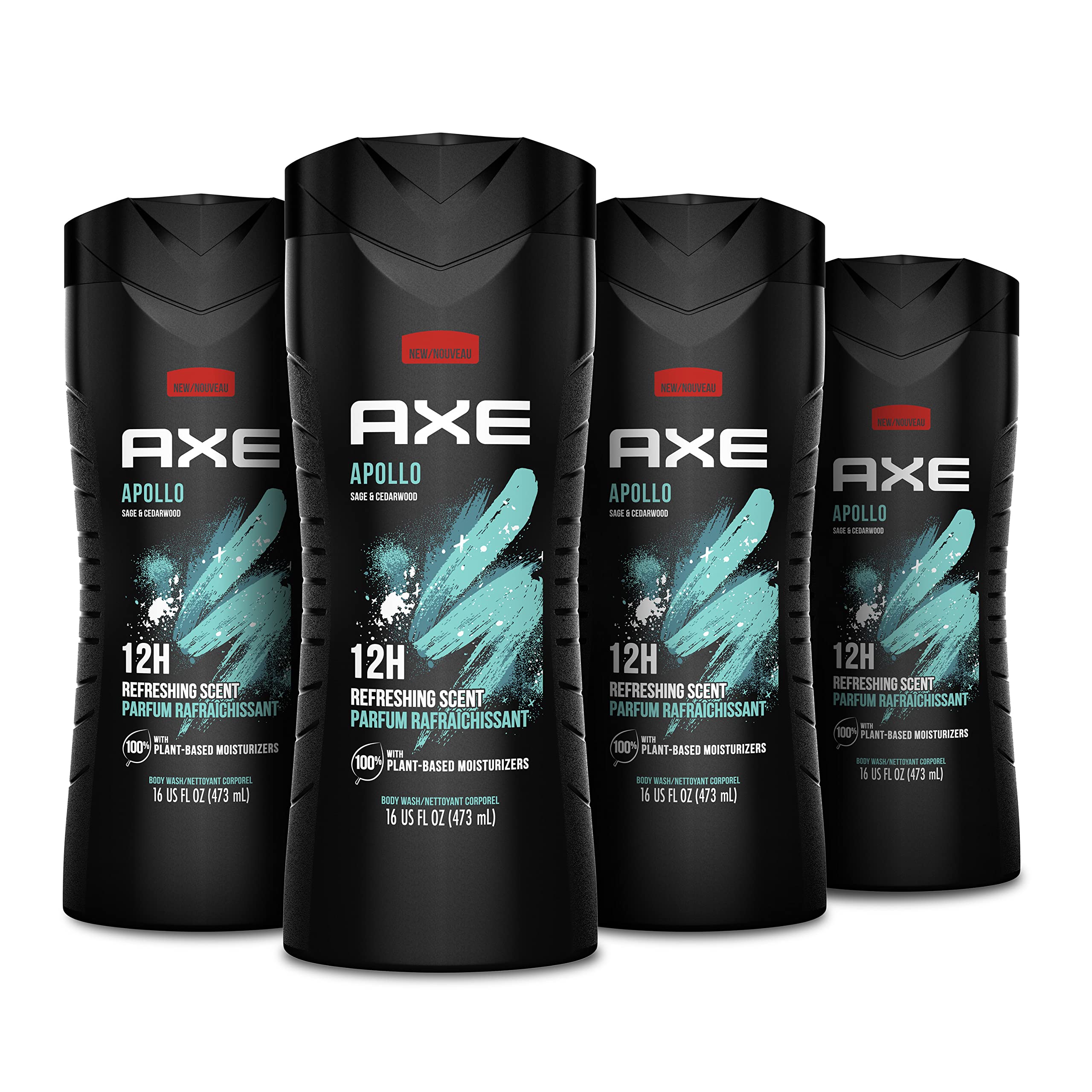 AXE Body Wash for Long Lasting Freshness Apollo Sage & Cedarwood Men's Body Wash with Odor-Busting Prebiotics, 16 Fl Oz (Pack of 4)
