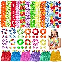 Hawaiian Leis Luau Party Decorations Set, 54Pcs Hawaiian Luau Party Supplies Flower Leis Necklaces Headbands Wristbands Grass Hula Skirt Lays Tropical Summer Beach Birthday Holiday Party Favors