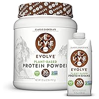 Evolve Plant-Based 20g Protein Shake and Powder Bundle Pack, Classic Chocolate, 11oz Cartons (12 Pack) & 2lb Canister