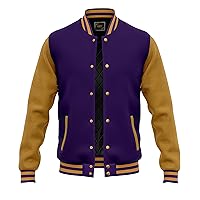 RELDOX Brand Varsity Jacket, Wool Body with Leather Arms Letterman Baseball Unique & Stylish Color Purple-Yellow Gold, Size 2XL,