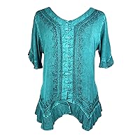 Agan Traders Boho Medieval Button Down Asymmetrical Hem Embroidered Tops for Women - Short Sleeve Women's Blouses Shirts