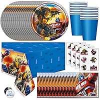 Transformers Birthday Party Supplies | Serves 16 | Transformers Party Supplies | Transformer Tablecover, Plates, Napkins, Cups, Tattoo Party Favors, Button