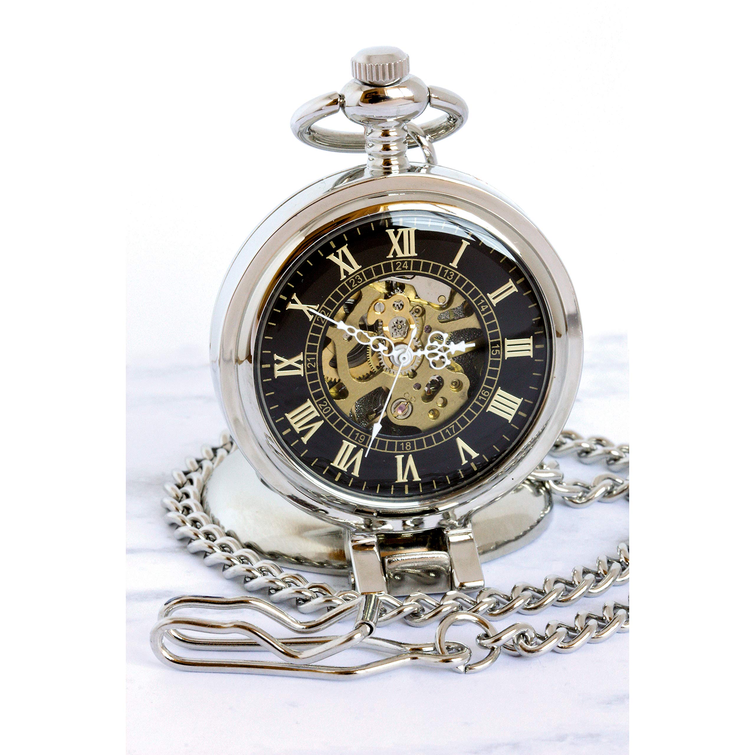Coin Pocket Watch with Skeleton Quartz Movement | Gold Layered Silver Walking Liberty Half Dollar | Genuine U.S. Coin | Sweeping Second Hand, Roman Numerals | Certificate of Authenticity