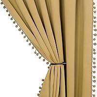 LORDTEX Pom Pom Blackout Curtains for Bedroom - Thermal Insulated Curtains, Sun Light Blocking Rod/Pole Pocket Window Drapes for Living Room, 42 x 95 inch, Honey Gold, Set of 2 Panels