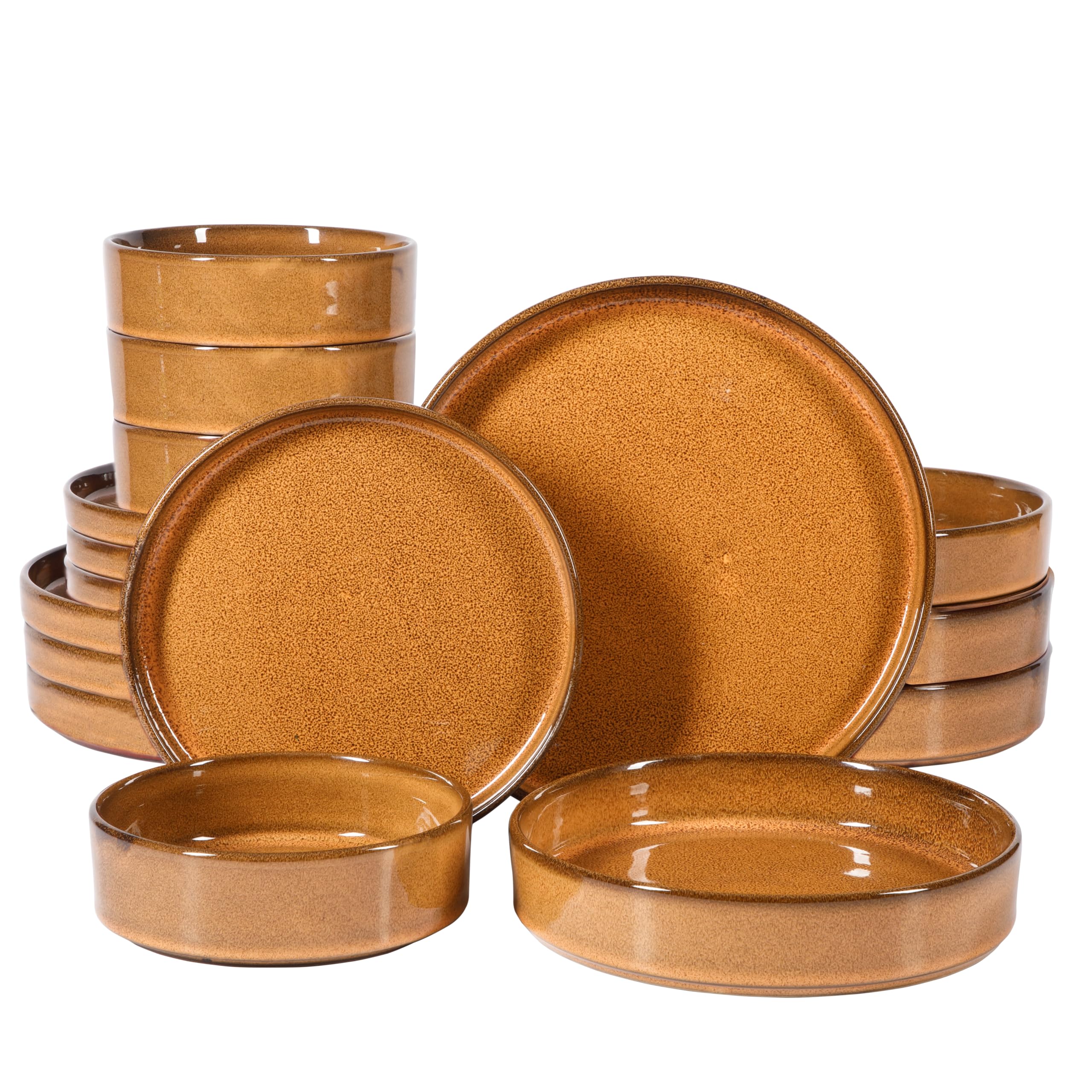 Bloomhouse - Oprah's Favorite Things - Santorini Mist Double Bowl Terracotta Reactive Glaze Plates and Bowls Dinnerware Set - Amber, Service for Four (16pcs)