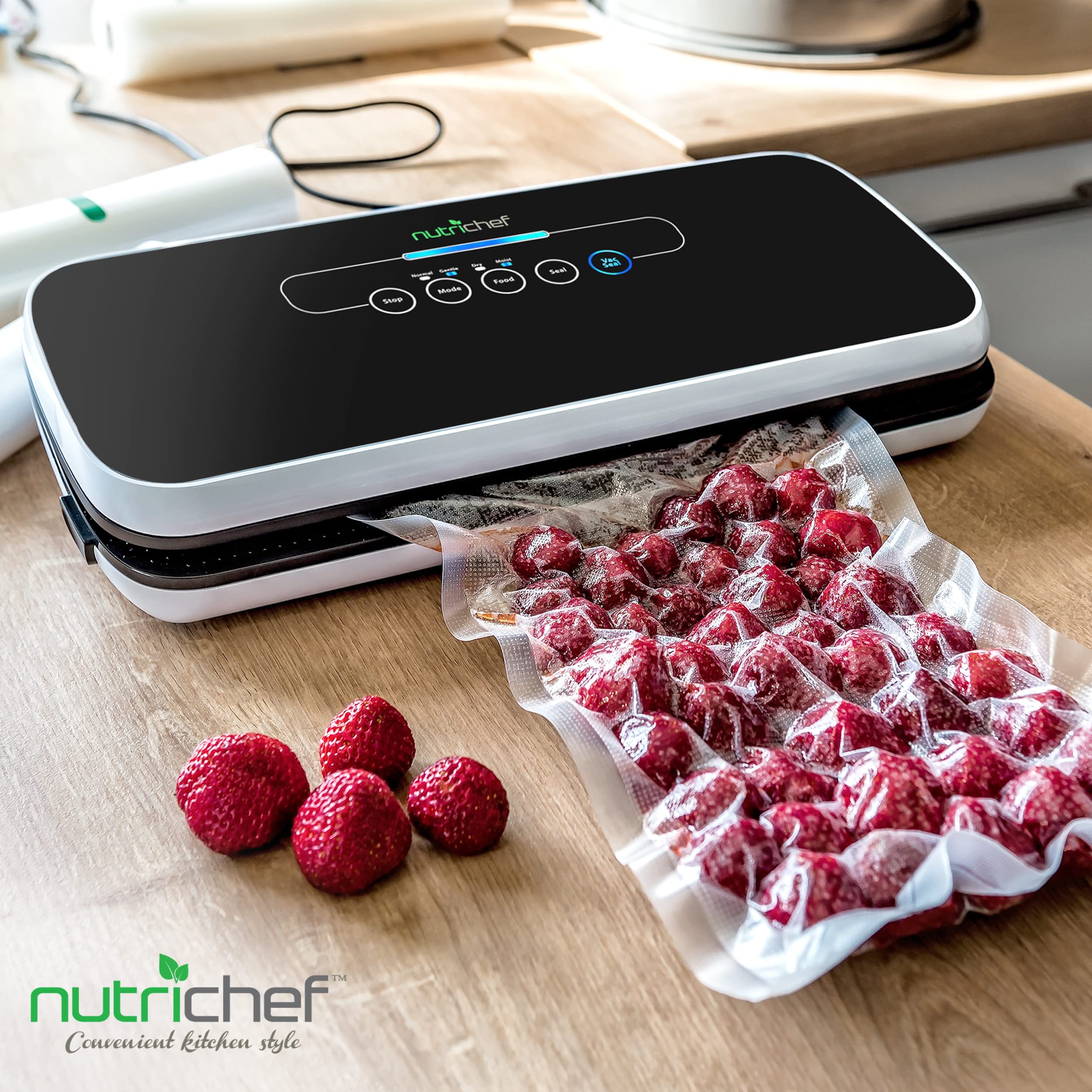 NutriChef Automatic Vacuum Air Sealing System Preservation with Starter Kit Compact Design, Lab Tested, Dry & Moist Food Modes with Led Indicator Lights, 12