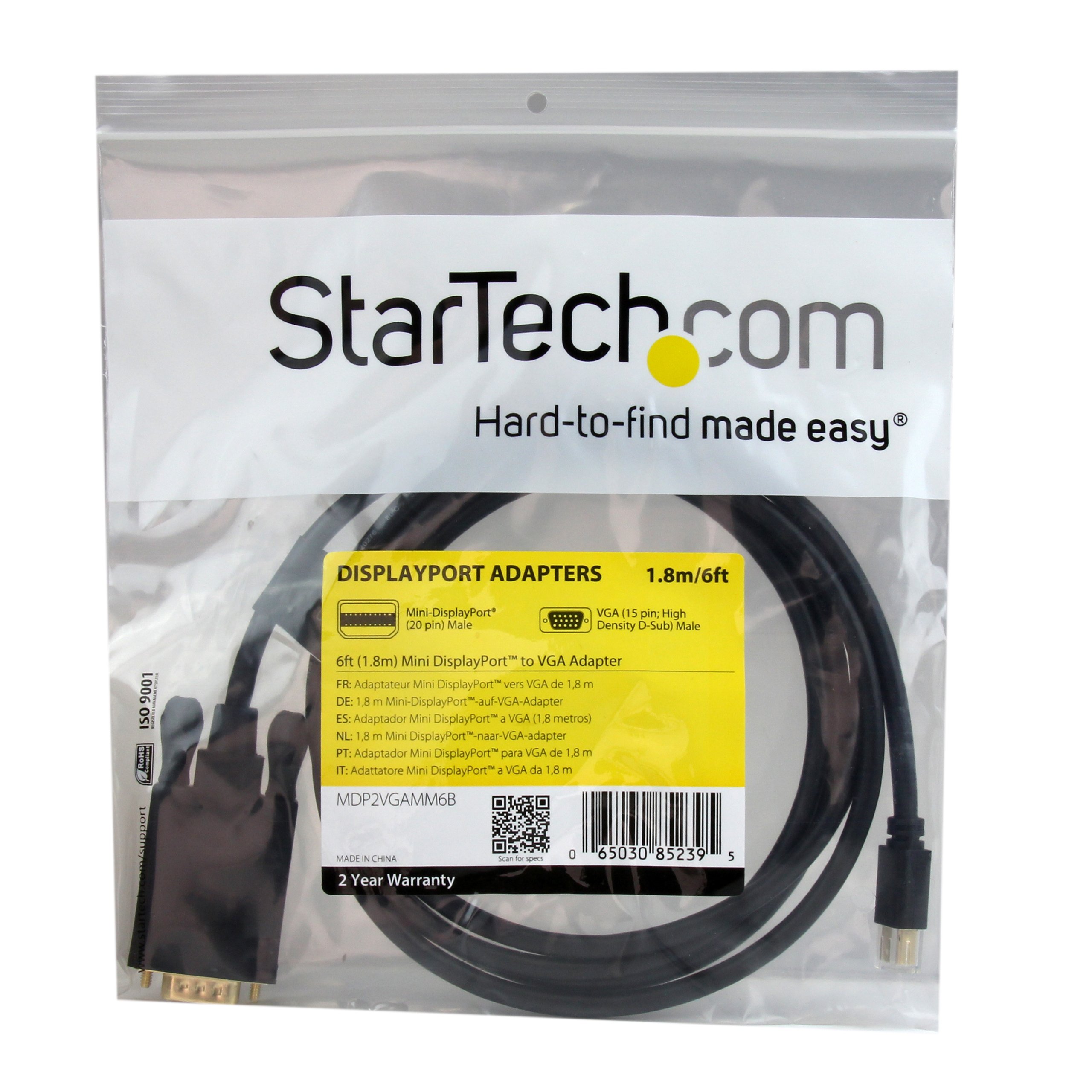 StarTech.com 6ft Mini DisplayPort to VGA Cable - Active - 1920x1200 - mDP to VGA Adapter Cable for Your Computer Monitor (MDP2VGAMM6B) Black