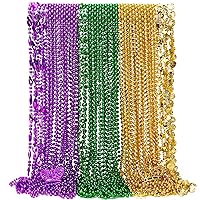 48PCS Mardi Gras Beads, Metallic Mardi Gras Beads Necklace, 10 Kinds Green Purple Gold Necklaces Bulks, Coins Mask Bead Necklace Costumes, Festival Carnivals Events Parade Throws Party Accessories
