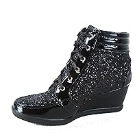 Forever Link Women's Fashion Glitter High Top Lace Up Wedge Sneaker Shoes