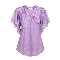 HOTOUCH Plus Size Womens Ruffle Short Sleeve V Neck Blouses Double Layers Mesh Shirts Loose Flowy Tunics Tops