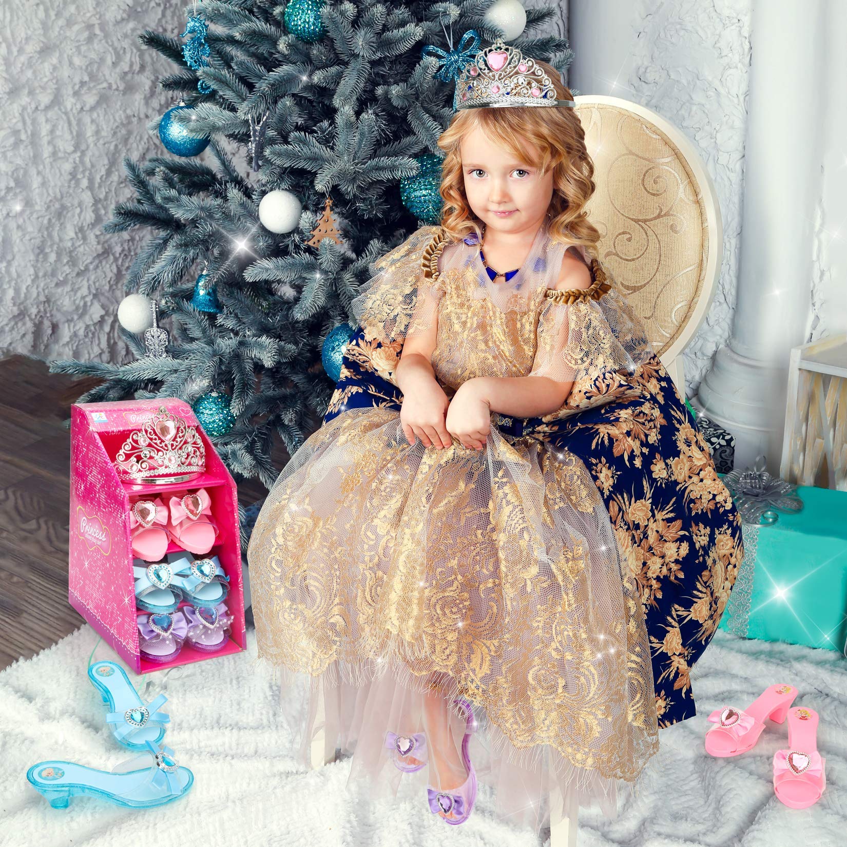 Mastom Girls Play Set! Princess Dress Up Shoes and Tiara (3 Pairs of Shoes + 1 Tiara) Role Play Collection Fashion Princess Shoes for Little Girls