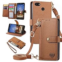 Furiet Wallet Case for Google Pixel 3a Zipper Pocket Purse with Shoulder Wrist Strap, PU Leather Stand Flip Folio Card Holder Accessories Cell Phone Cover for Pixel3a Pixle a3 Women Girls Brown