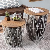 Nesting End Tables with Metal Basket Storage, Set of 2, White