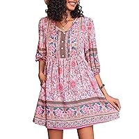 Chigant Women's Summer Boho Dress with Pockets Casual Loose Vintage Floral Swing 3/4 Sleeve V Neck Tunic Dresses