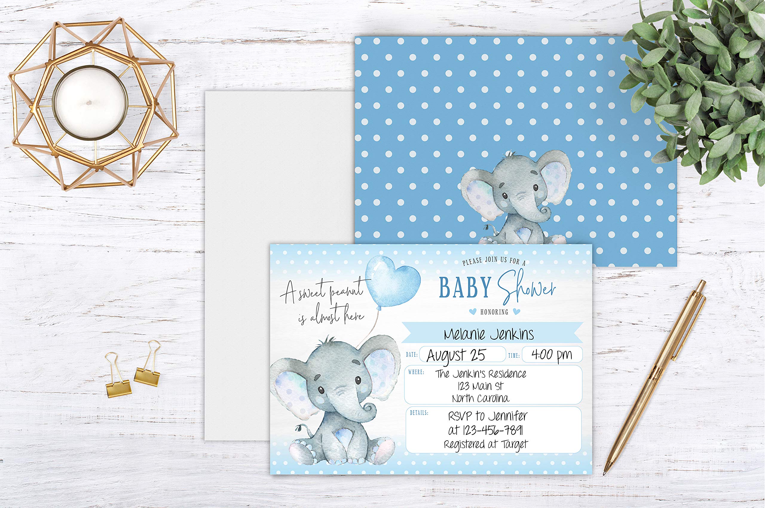 Your Main Event Prints Boy Elephant Baby Shower Invitations, Peanut Baby Shower Invites with Diaper Raffles Cards, Sprinkle, 20 Invites Including Envelopes