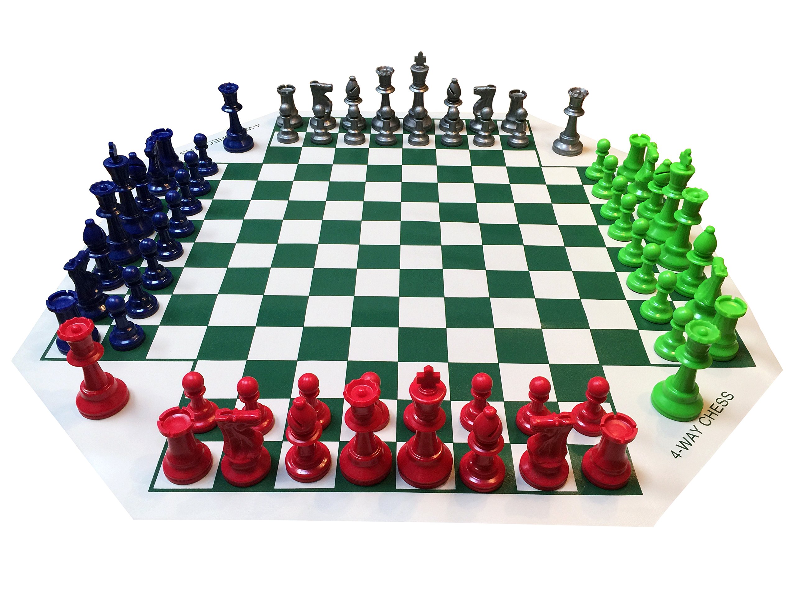 WE Games Four Player Chess Set, Chess Board for Team Chess, Combination Chess Game for Up to 4 Players, Unique Chess Sets for Adults and Kids, Roll Up Vinyl Chess Mat with 4 Sets of Chess Pieces