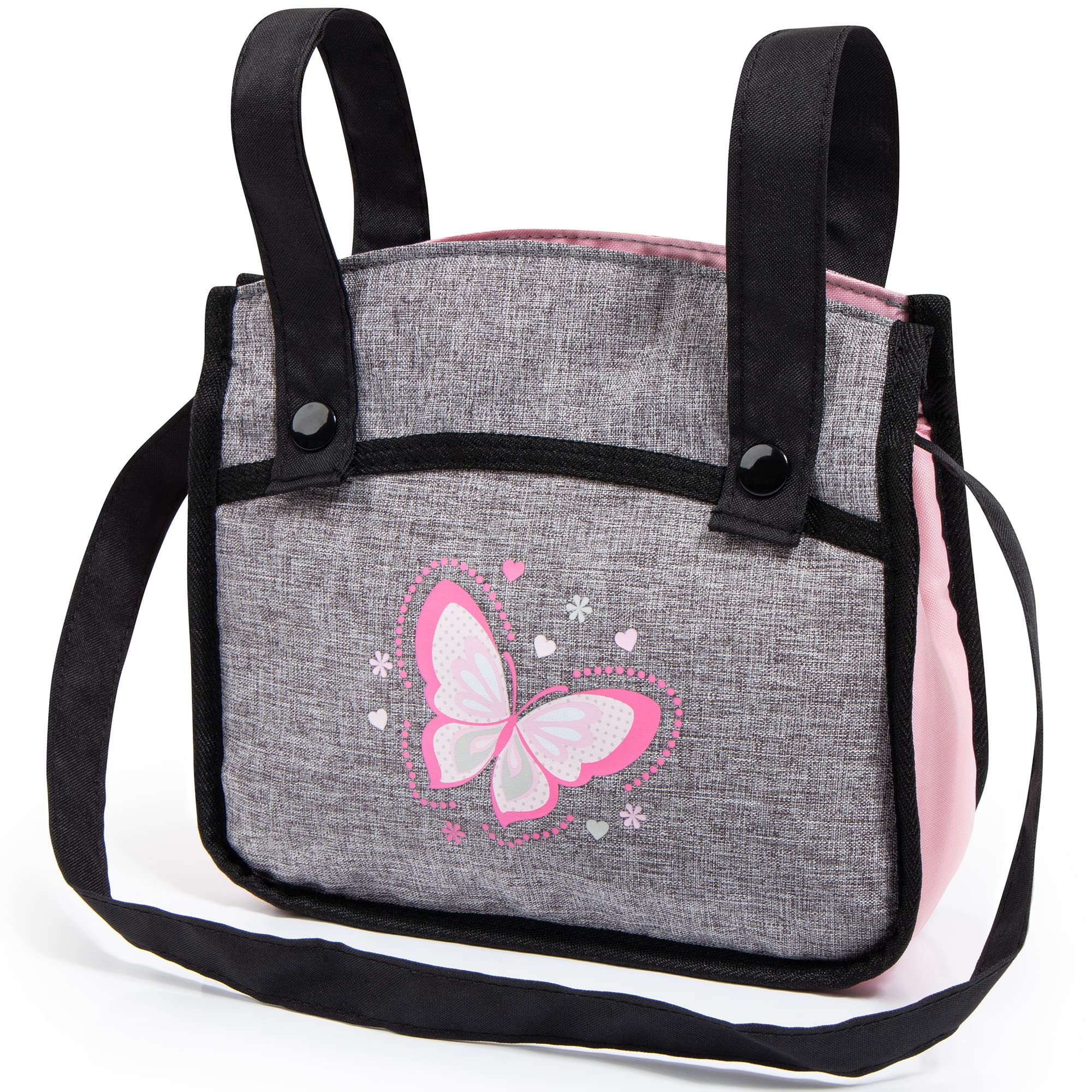 Bayer Design Dolls: Xeo Twin Pram - Butterfly Grey & Pink - Matching Handbag, Adjustable Handle, for Dolls Up to 20