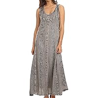 Sakkas Maya Floral Embroidered Sleeveless Button Up Rayon Dress