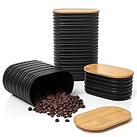 3 Piece Set Of Airtight Coffee And Sugar Plastic Canister Set With Bamboo Lid, Black Decorative Container, Kitchen Decor For Counter